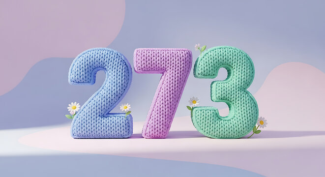 Soft blue, pink, and mint green knitted numbers '273' decorated with small daisies on a pastel background.
