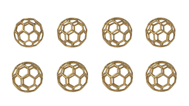 Eight identical metallic gold spheres with a hexagonal lattice pattern arranged in two rows of four isolated on a transparent background