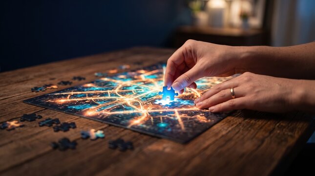 Hands placing a glowing puzzle piece into a network map jigsaw on a wooden table, symbolizing problem solving, connectivity, data integration, and finding the missing link in technology.