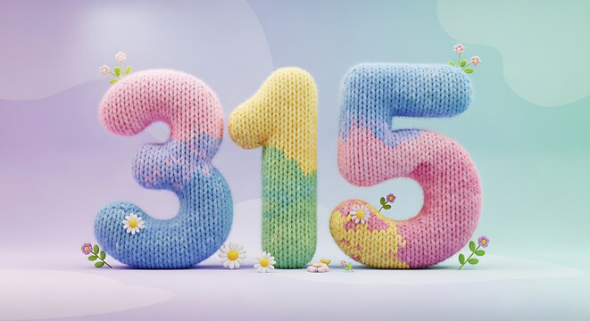 315 Number Set: Colorful Knitted 3D Digits with Daisy Accents on Pastel Gradient Background