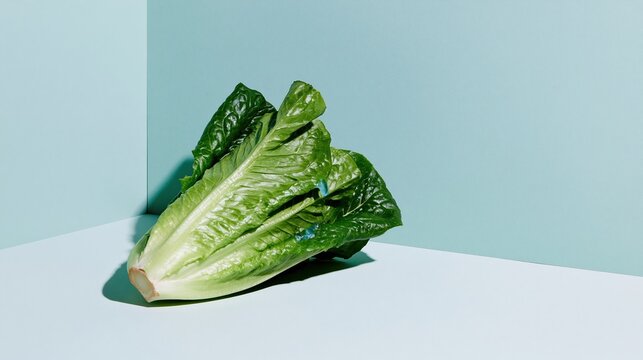 Romaine lettuce head with a water droplet on a monochrome green background, a clinical still life for food safety and contaminated produce copy space