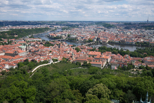 Prague, Czech Republic; May 17, 2026: Panoramic view of the city and the Vltava River from Petrin Tower