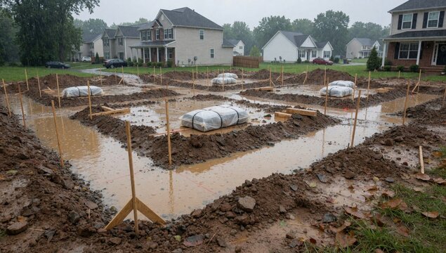 Construction site residential neighborhood appears process built there large puddle water center ground covere