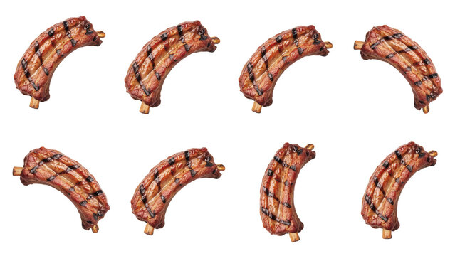 Eight individual pieces of grilled pork ribs arranged in a grid pattern isolated on a transparent background