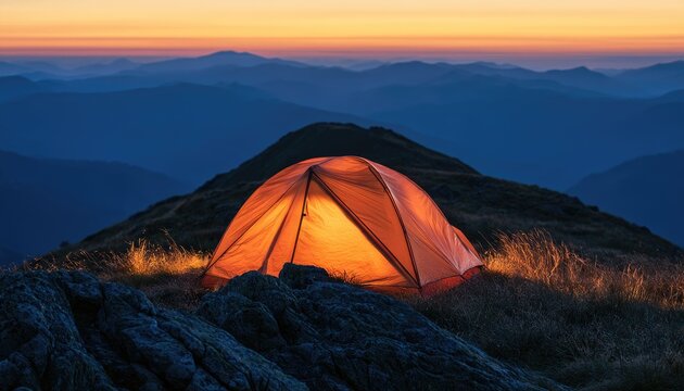 Illuminated tent on mountain peak at twilight, glowing with warmth
