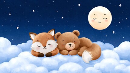 Fototapeta premium Cute fox and bear cubs sleeping peacefully on fluffy white clouds beneath a dark blue starry sky with a smiling full moon, dreamy nursery illustration of cozy friendship