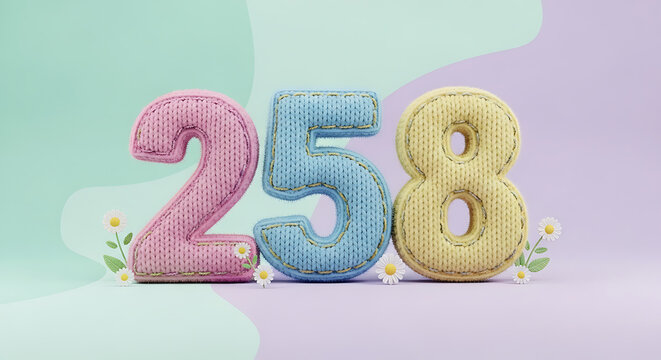 Playful 3D numbers 258 with a knitted texture in cheerful pink, light blue, and yellow, decorated with small daisies.
