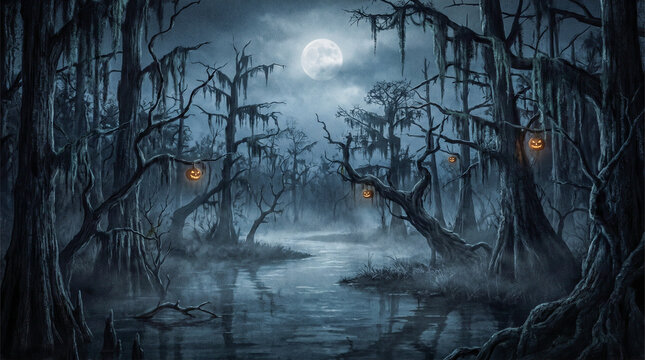 Oscuro pantano bajo la luna llena, envuelto en niebla. &Aacute;rboles retorcidos con musgo, r&iacute;o oscuro y un muelle de madera iluminado por calabazas de Halloween. Un ambiente espeluznante y g&oacute;tico.