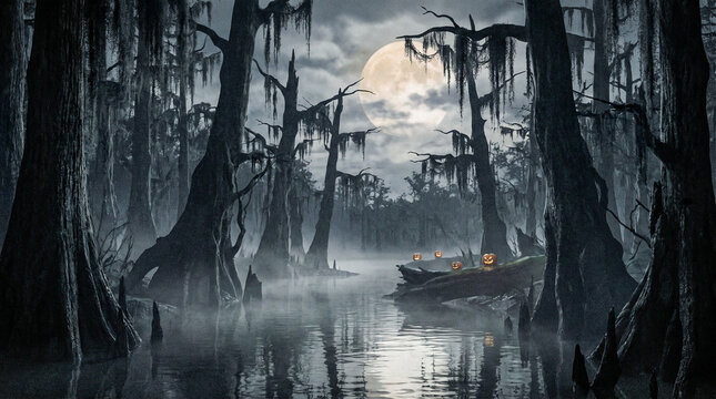 Oscuro pantano bajo la luna llena, envuelto en niebla. &Aacute;rboles retorcidos con musgo, r&iacute;o oscuro y un muelle de madera iluminado por calabazas de Halloween. Un ambiente espeluznante y g&oacute;tico