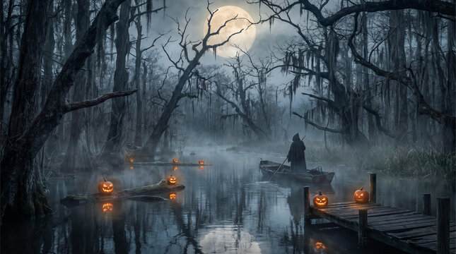Oscuro pantano bajo la luna llena, envuelto en niebla. &Aacute;rboles retorcidos con musgo, r&iacute;o oscuro y un muelle de madera iluminado por calabazas de Halloween. Un ambiente espeluznante y g&oacute;tico