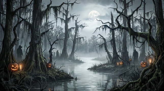 Oscuro pantano bajo la luna llena, envuelto en niebla. &Aacute;rboles retorcidos con musgo, r&iacute;o oscuro y un muelle de madera iluminado por calabazas de Halloween. Un ambiente espeluznante y g&oacute;tico