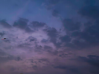 Fototapeta premium Twilight Sky with Moody Clouds, Purple Hues and Bird in Flight