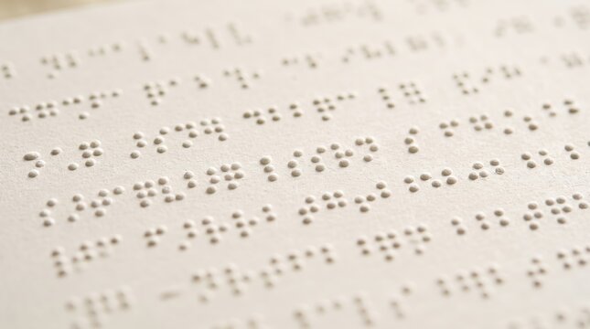 Close up of braille text on white paper. Raised dots for blind people reading. Accessibility and inclusive education concept for visually impaired readers.