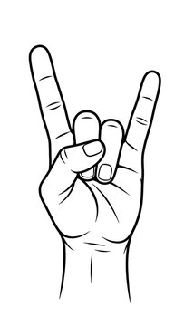 Human hand gesturing the rock and roll sign in a black and white line art style with heavy metal music gesture sign language cool hand finger gesture hand drawing expressive hand tattoo design