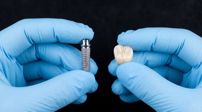 Dentist hands in blue gloves holding dental implant and ceramic crown on black background. Dental implantation concept. Modern dentistry, prosthesis and oral care treatment
