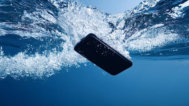Smartphone plunging into blue water with dramatic splash and bubbles, illustrating accidental liquid damage, submersion risk, waterproof testing, or tech malfunction scenarios
