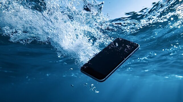 Smartphone sinking into clear blue water, dramatic splash and rising bubbles capturing accidental damage, loss of device and disrupted communication underwater