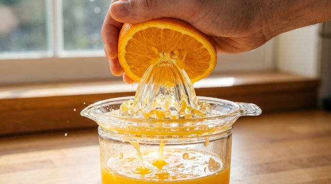 Hand squeezing fresh orange on glass manual juicer on wooden kitchen table. Healthy drink preparation with natural fruit juice. Breakfast, diet and nutrition concept
