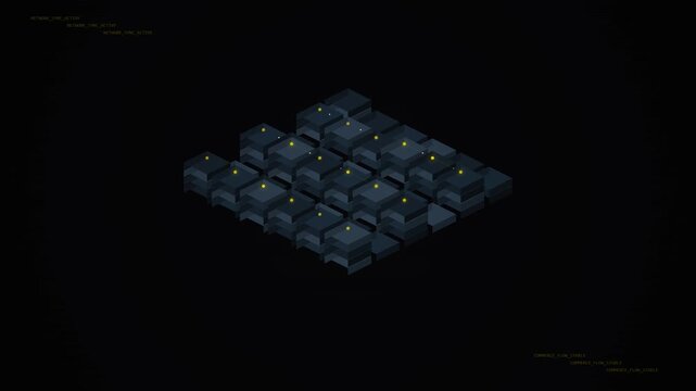 Isometric 3D Rendering of a Digital Data Server Farm Grid with Glowing Indicators on a Black Background