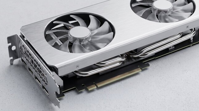 Modern graphics card with dual cooling fans and metal heat pipes on white background. Computer GPU hardware component for gaming pc and high performance computing. Video card technology concept