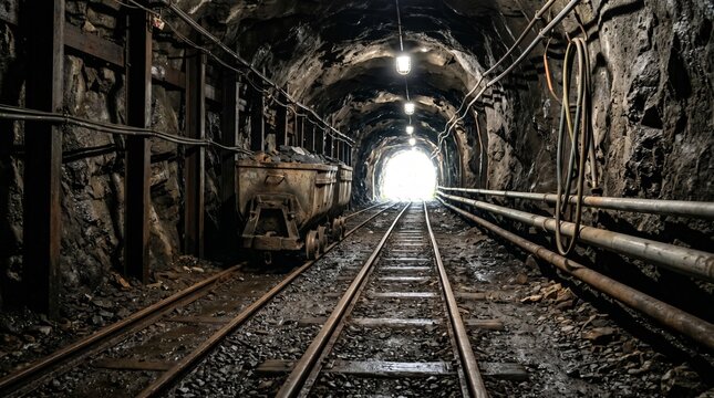 Old mine cart on rails inside dark underground mine tunnel with light at exit. Rusty coal wagon and railway track in rocky mine shaft. Mining industry and extraction of natural resources concept.