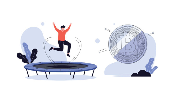 Excited businessman jumping high on a blue trampoline reaching towards a large bitcoin coin as concept for cryptocurrency investment.