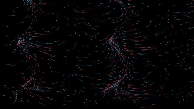 Clifford Strange Attractor Neon Particle Flow Loop, Glowing Red and Blue Chaos Math Lines on Dark Background for Sci-Fi Technology and Cyber Data Visualization