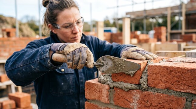 Woman bricklayer laying red bricks with trowel and mortar at construction site. Female builder wearing safety glasses and work gloves building brick