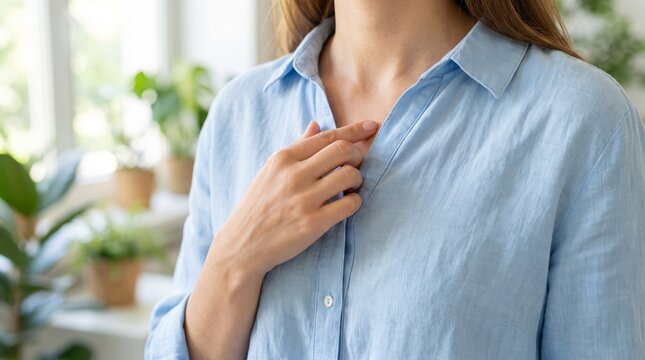 Woman scratching itchy skin on chest under shirt. Irritated skin, allergy, eczema or dermatology problem concept. Skincare and health treatment for dry sensitive skin at home.