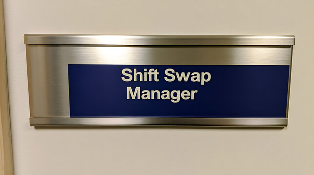 A metallic office door sign with blue insert text display for shift swap manager role in a corporate workplace environment for business use
