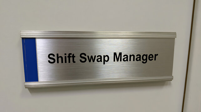 Office sign with the text Shift Swap Manager mounted on a clean white wall, professional workplace designation indicator in metal frame