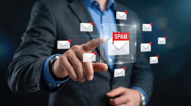 Person identifying spam email on digital device surrounded by mail