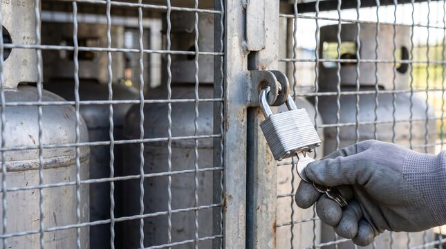 Worker hand in protective glove unlocking padlock on metal cage with propane gas cylinders. Storage safety and security of flammable fuel