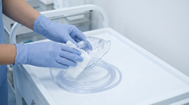 Sterilization and Infection Control Woman Cleaning Oxygen Equipment