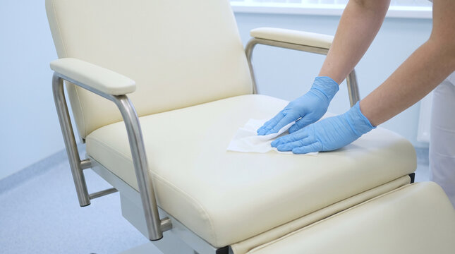 Sterilization and Infection Control Woman Wiping Medical Chair