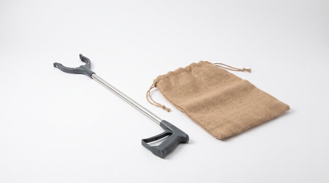 Trash Picker Grabber Tool with Jute Bag for Environmental Cleanup and Easy Litter Pickup