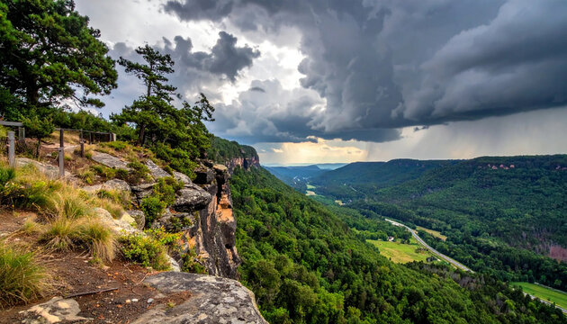 Dramatic storm clouds loom over a rugged cliffside trail descending into a lush valley of rolling green hills and distant mist.
