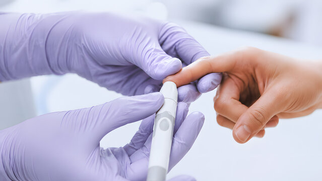 Finger prick blood glucose test close up