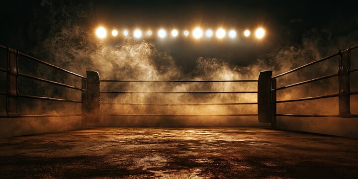 Empty boxing ring illuminated by spotlights with smoke swirling around