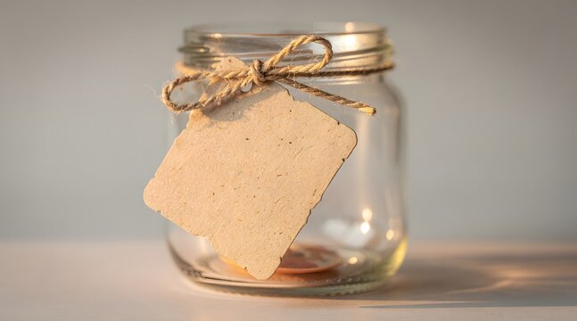 Empty glass jar with twine bow and blank paper tag on neutral surface