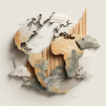 성장 막대 그래프와 구름이 있는 3D 페이퍼 크래프트 지구본 콘셉트, 3D paper craft globe with growth bar chart and clouds concept