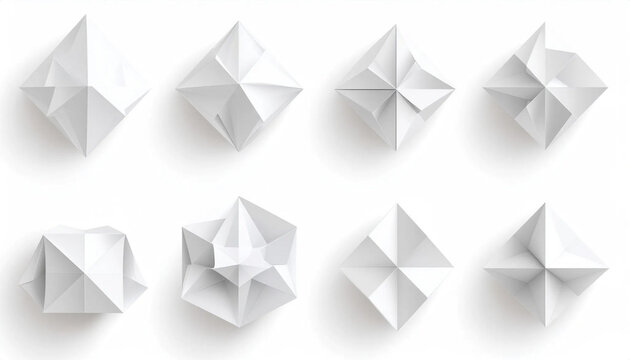 Series of origami paper stars arranged in a grid pattern against a clean white background with varying folds and shadows.