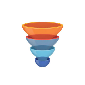 Four layered funnel diagram with gradient colors representing marketing sales process stages isolated on a transparent background