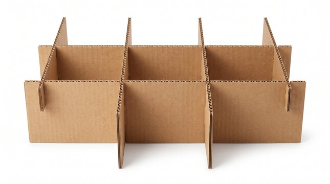A brown corrugated cardboard box divider insert with six rectangular compartments, isolated on a white background, for shipping and packaging