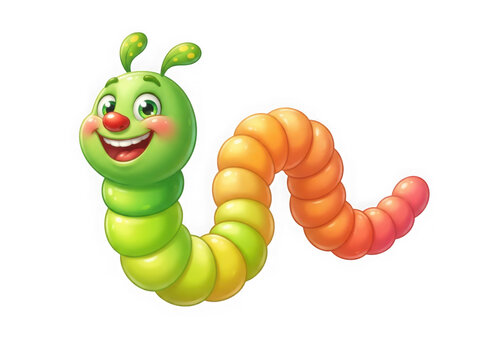 Happy green cartoon caterpillar isolated on transparent base
