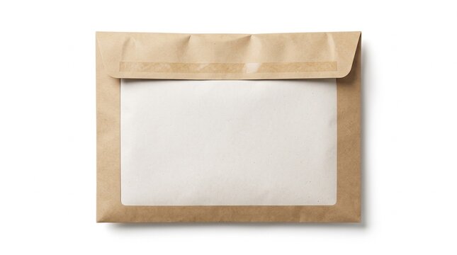 A brown kraft paper padded envelope with a large white rectangular label area, isolated on a white background, for mail delivery