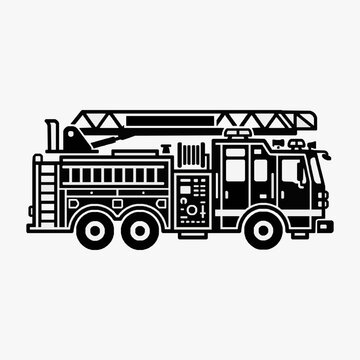 Corporate Black and White Line Drawing of a Fire Truck with Ladder and Equipment with high quality professional line art symbols for modern creative design and digital branding projects