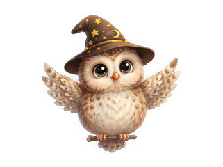 Obraz premium Cute baby owl wearing wizard hat isolated on transparent