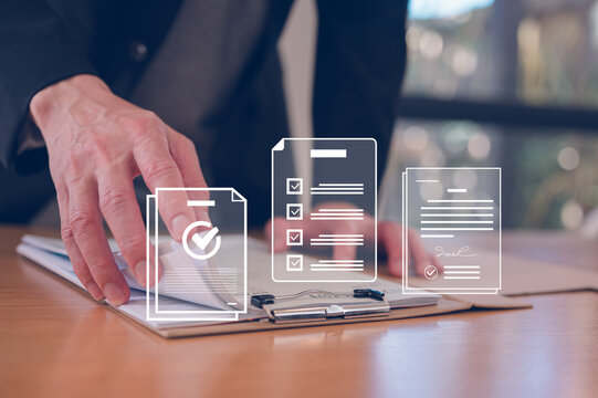 Data analysis concept, An analyst uses paper report and dashboard for data business analysis and Data Management System with KPI and metrics connected to the database research and study.