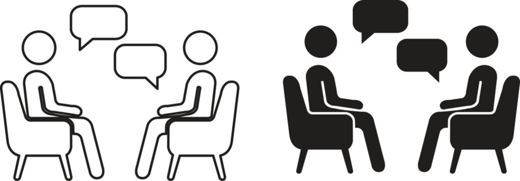 Vector illustration of two people sitting in chairs having a conversation, dialogue bubbles, interview or therapy session icon set